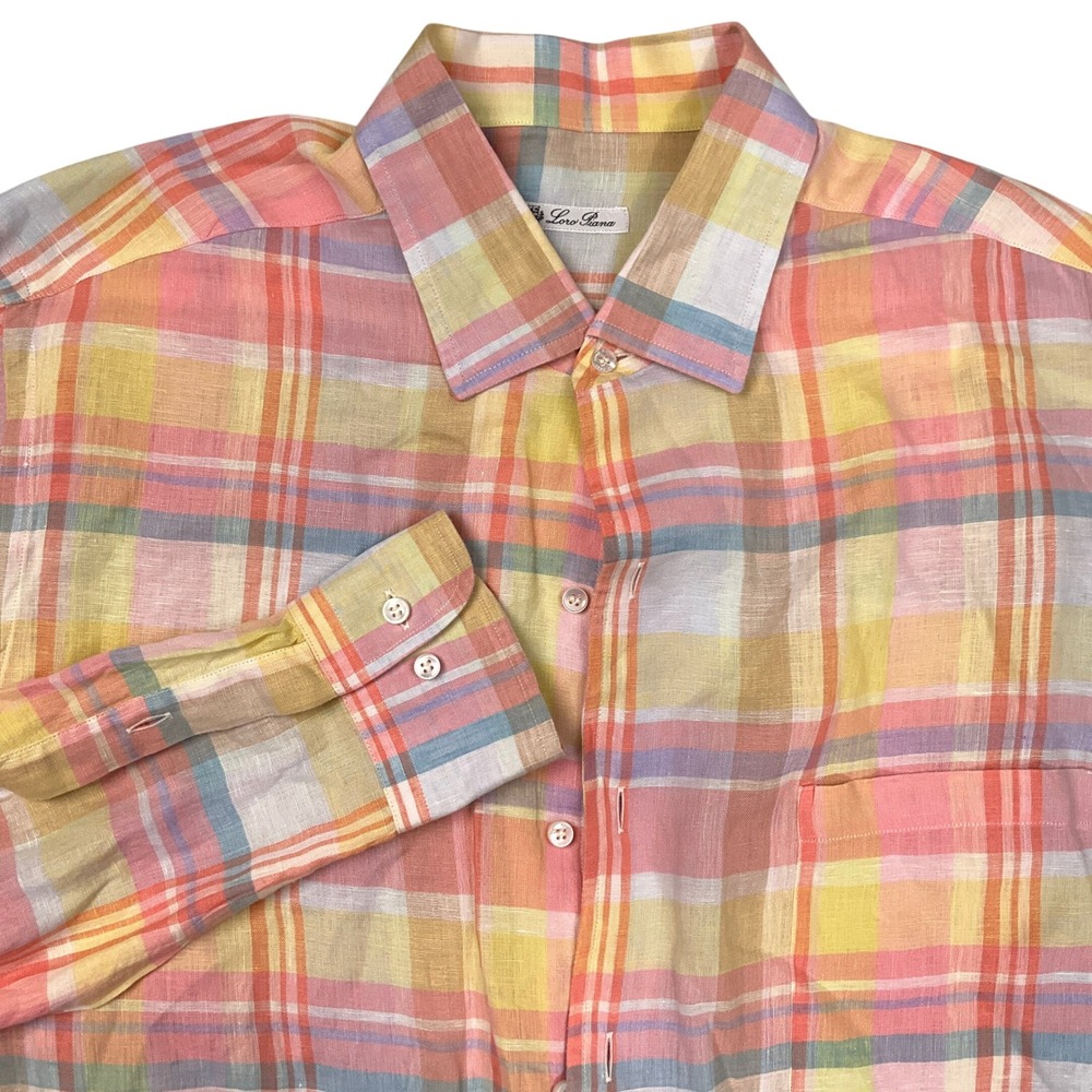 Loro Piana Shirt Mens Large Pink Multi Pastel Madras Plaid Summer Italian Linen